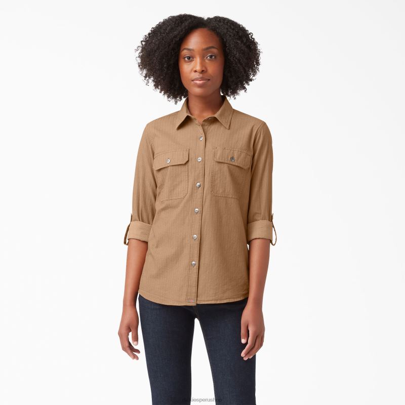 Dickies mujer camisa de trabajo con lengueta enrollable de manga larga tinte de hilo de nuez moscada nsd 2JJ0B2103 ropa de trabajo 2JJ0B2103 Ropa de trabajo especial Dickies Peru shop